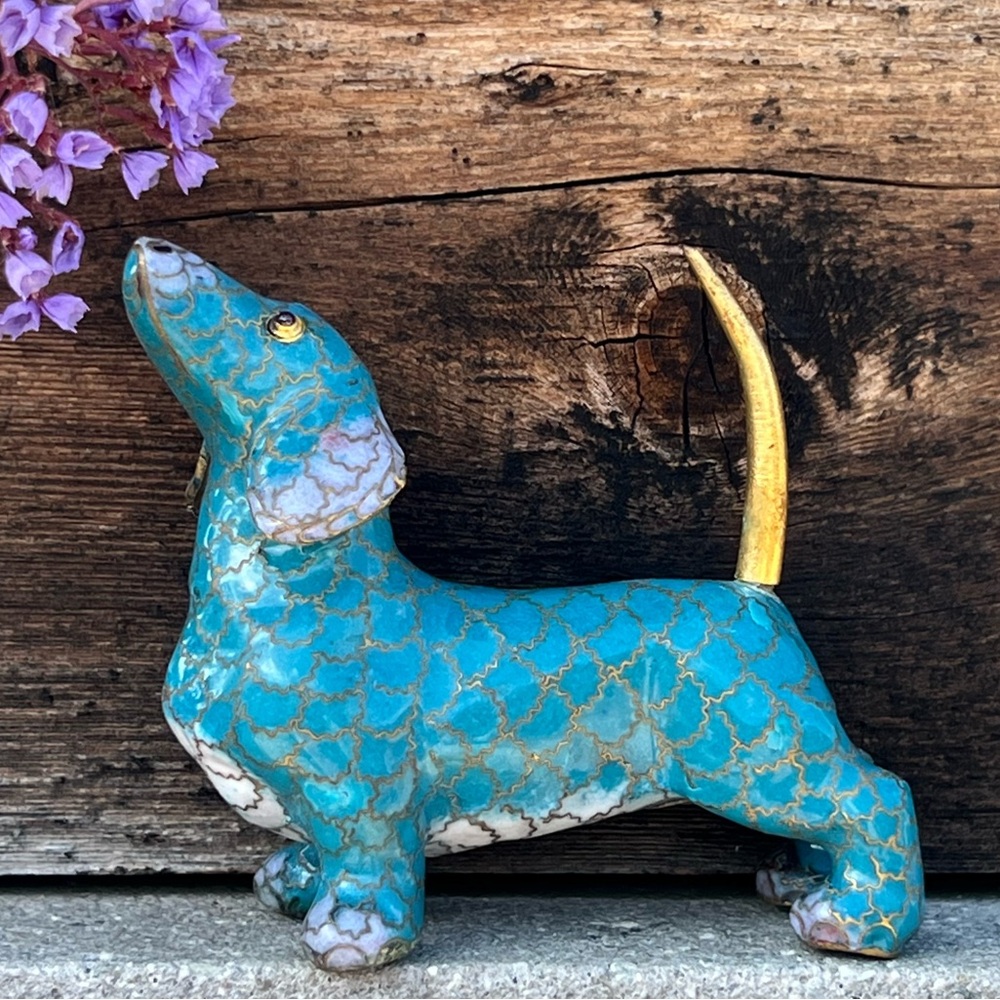 Vintage Cloisonné Turquoise Dachshund Dog Figurine – 3.25”